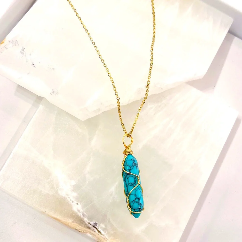 New Handmade Blue Howlite 10k Gold Wire Wrapped S925 Silver Amulett Necklace